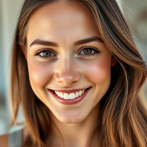 Close-up headshot af en kvinde med et naturligt smil og venlige 칮jne.