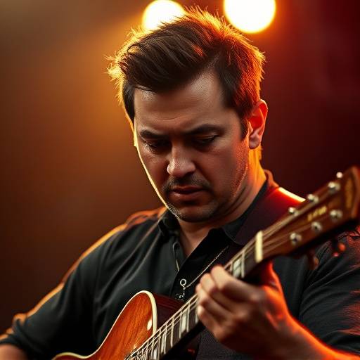 Kreativt portr칝t af en musiker med en guitar, der udstr친ler passion og talent.