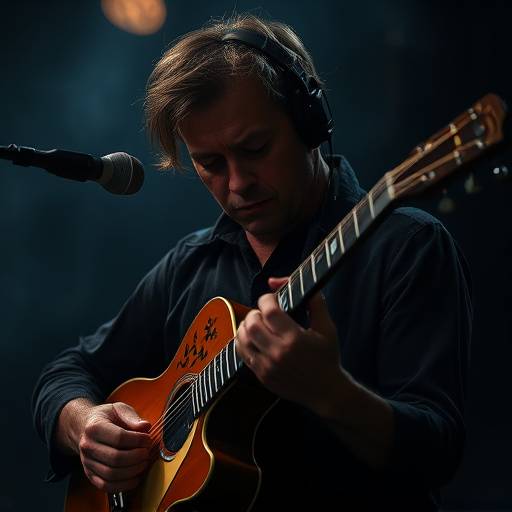 Stemningsfuldt portr칝t af en guitarist i d칝mpet belysning, der udtrykker passion.